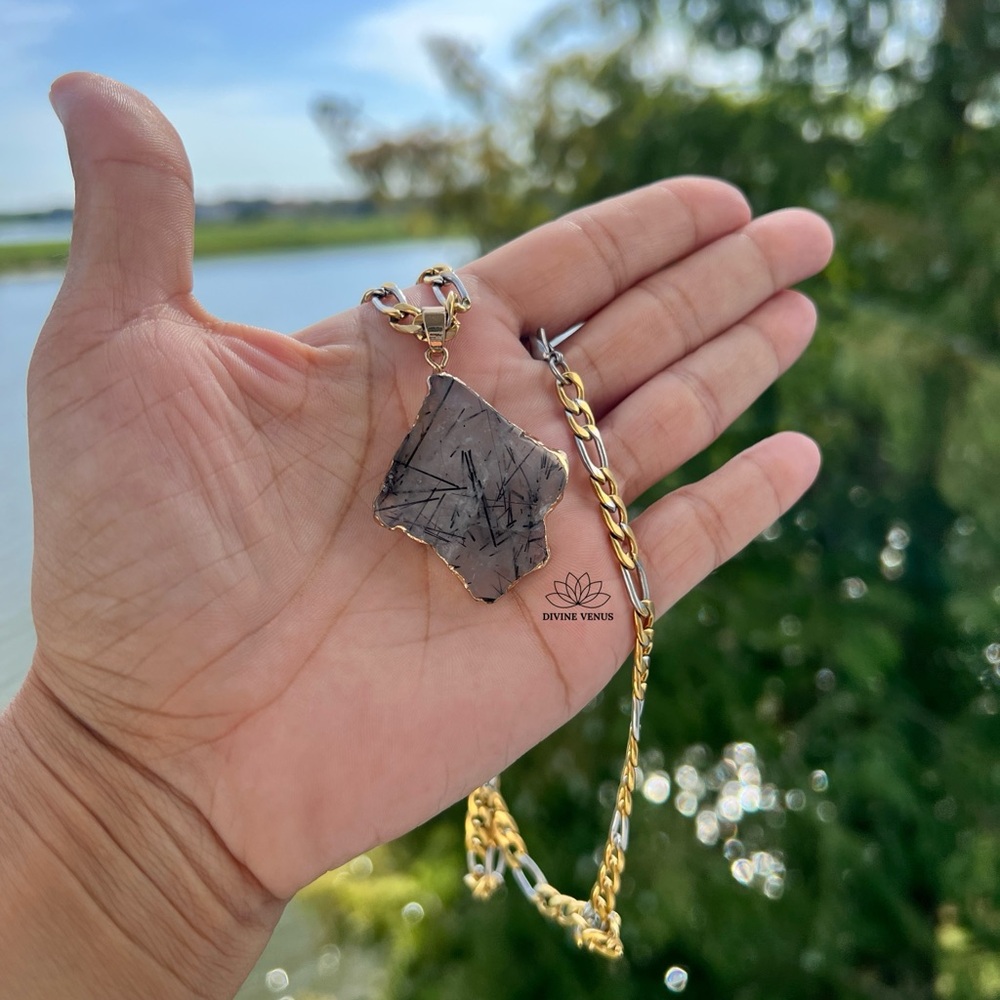 Tourmalinated Quartz Necklace - Black Tourmaline & Quartz Stainless Steel Chain